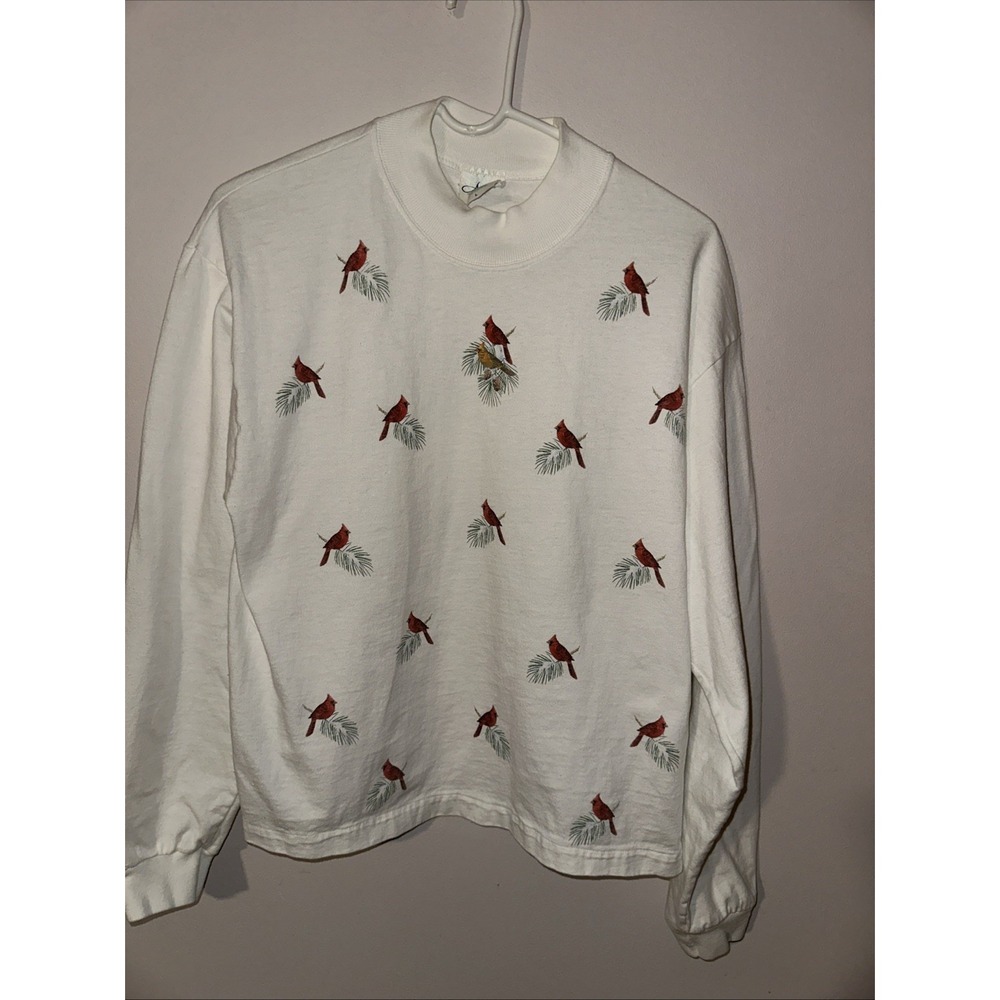 Artisans T‎ Shirt Women's Large L Red Green Cardinal Birds Long Sleeve Mock Neck
